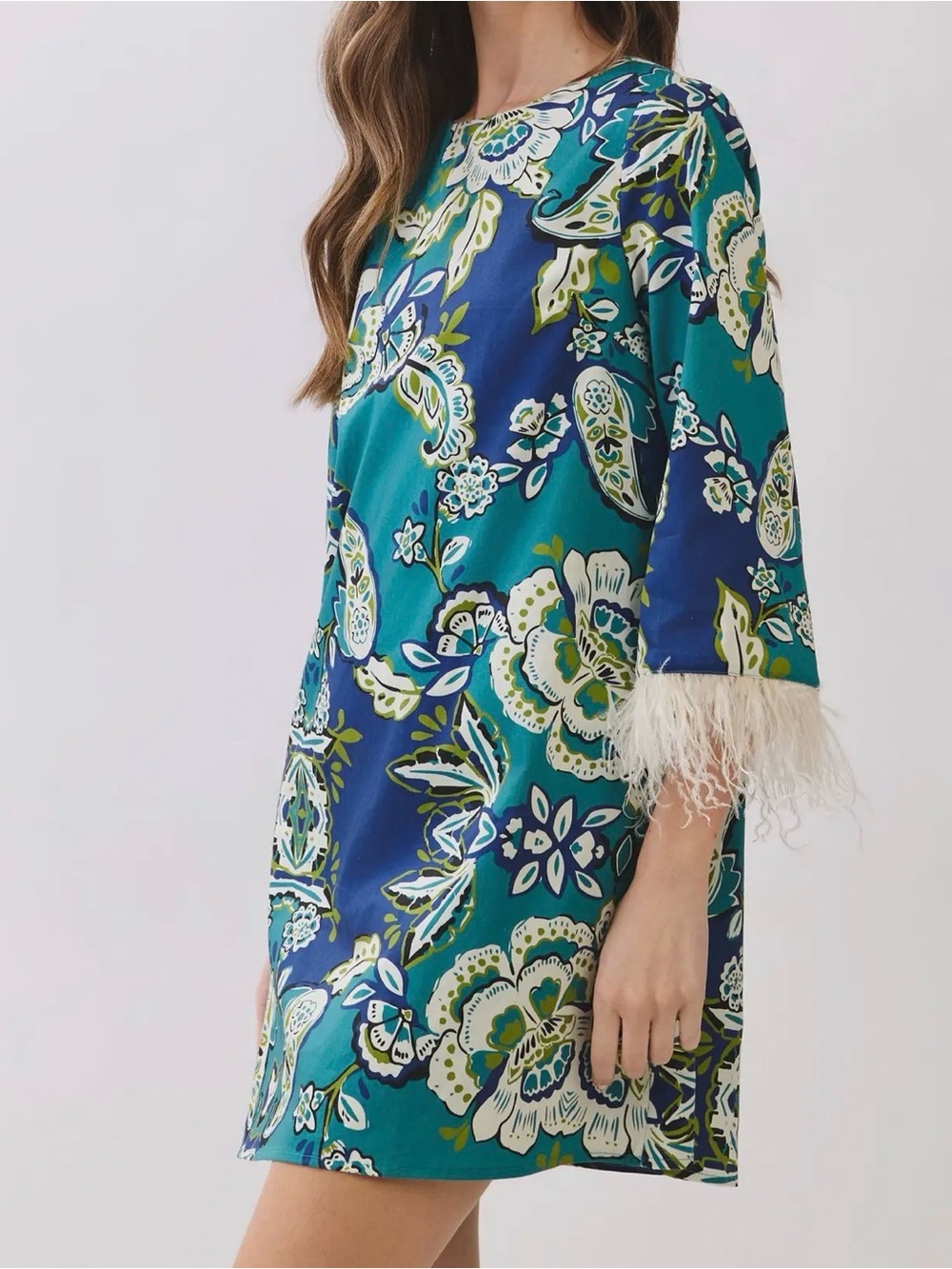 LOVE! Feather Trim Cuffed Jewel Tone Paisley Shift Dress Sz S M L Tuckernuck - Picture 3 of 8